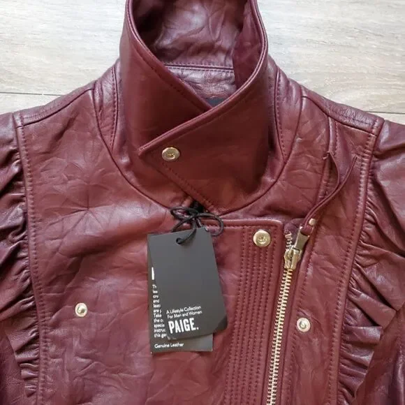 Paige Women's Annika lamb Leather dark red Moto Jacket Sz S NWT - Picture 5 of 16